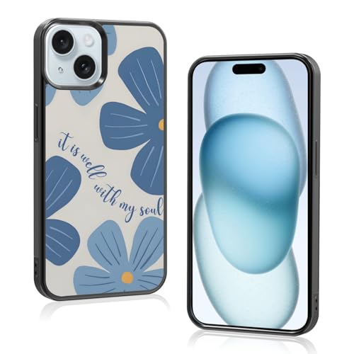 Aesthetic Blue Christian Floral Phone Case Compatible with iPhone 15 6.1 Inch, Cute Jesus Bible Verse Design, TPU Shockproof Protective Cover for Women Girls, Wireless Charging Compatible - color: iPhone 15