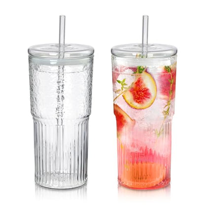 Joeyan 22 oz Glass Tumbler with Straw and Lid for Iced Tea Coffee Smoothie Water Juice Beverages Soda,Clear Borosilicate Glasses Cups,Ribbed Drinking Jar,Set of 2,Dishwasher Safe - color: Clear glass tumbler