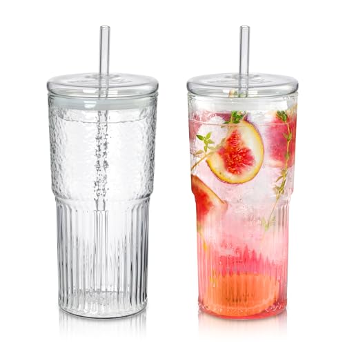 Joeyan 22 oz Glass Tumbler with Straw and Lid for Iced Tea Coffee Smoothie Water Juice Beverages Soda,Clear Borosilicate Glasses Cups,Ribbed Drinking Jar,Set of 2,Dishwasher Safe - color: Clear glass tumbler