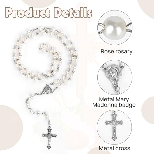 Rosary Beads Catholic Necklace, 22.5 Inch with Silver Metal Gift Box, White - color: White