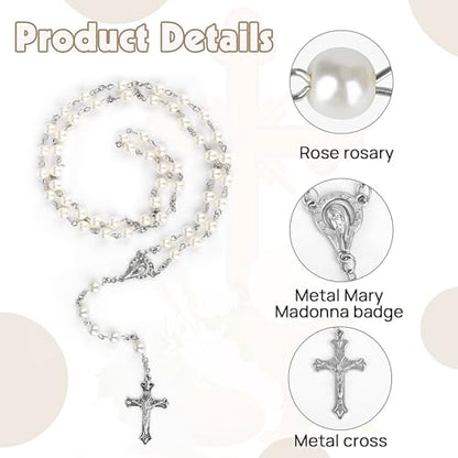 Rosary Beads Catholic Necklace, 22.5 Inch with Silver Metal Gift Box, White - color: White