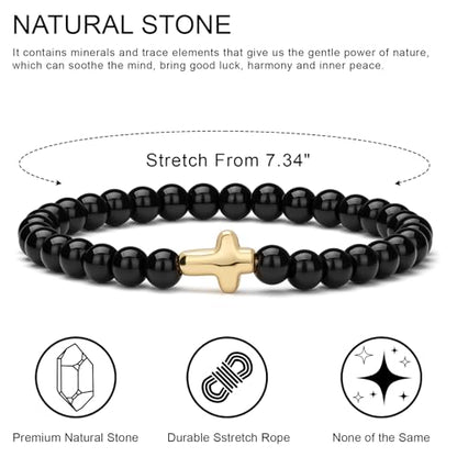Cross Beaded Bracelets for Women, Natural Stone Healing Crystal Bracelet Religious Cross Bracelet for Women Birthday Christian Gifts on Easter Christmas Gifts - color: Black Tourmaline