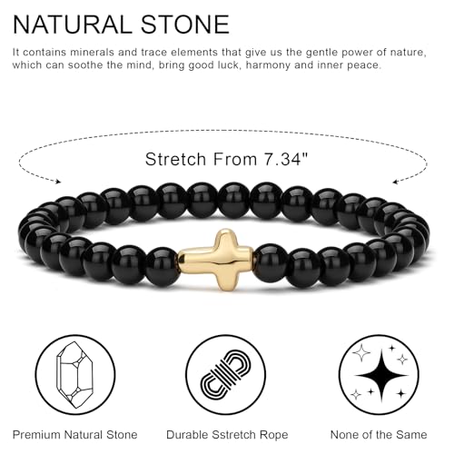 Cross Beaded Bracelets for Women, Natural Stone Healing Crystal Bracelet Religious Cross Bracelet for Women Birthday Christian Gifts on Easter Christmas Gifts - color: Black Tourmaline