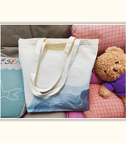 Canvas Tote Bag, Pockets, Zipper, Durable, Lightweight, Cotton Shopping Cloth Bag, Gifts - color: Blue Wave