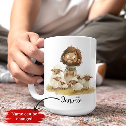 Christian Mug With Personalized Name, Bible Verse Coffee Cup 11oz 15oz, Customized Jesus And Sheep Illustration Mug, Custom Christian Ceramic Cup, Gift For Friend Coworker - color: XUA-324-1560-GOD AND SHEEP MUG
