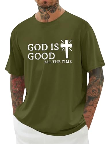 Mens Christian Shirts Shorts Sleeve Crewneck Jesus Cross Printed T Shirts Loose Graphic Tee - color: Army Green, size: Small