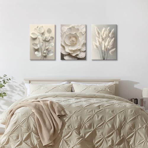 WENGTIAO 3Pcs Beige Floral Botanical Frame Canvas Wall Art 16"x24"x3 - color: Flower-White botanical, size: 16"x24"x3Pcs