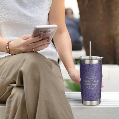 Christian Art Gifts Large Stainless Steel Insulated Travel Mug Tumbler & Reusable Straw: Women Do Noble Things Inspirational Scripture, Sturdy Flip Lid, Double Wall Vacuum, Cute Purple Floral, 18 oz. - color: Purple Floral/Noble Things