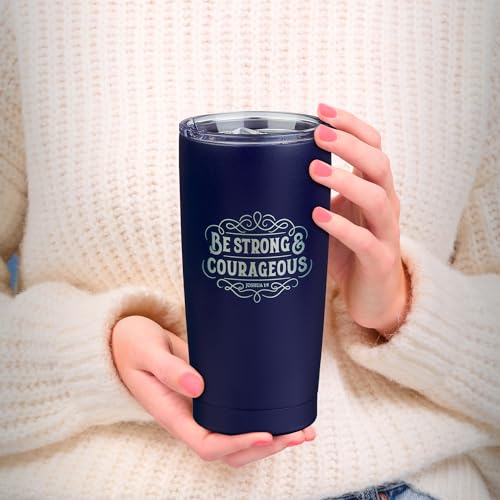 Christian Art Gifts Large Insulated Stainless Steel Travel Mug Tumbler for Men & Women: Strong & Courageous Uplifting Scripture, Double Wall Vacuum Sealed, Retractable Lid, Navy Blue & Silver, 18 oz. - color: Navy Blue/Strong & Courageous