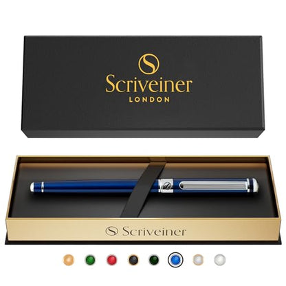 Scriveiner Midnight Blue Rollerball Pen - Stunning Blue Lacquer Luxury Pen, Chrome Finish, Schmidt Ink Refills, Men & Women, Professional, Executive Office, Nice Pen - color: 13. Midnight Blue with Chrome