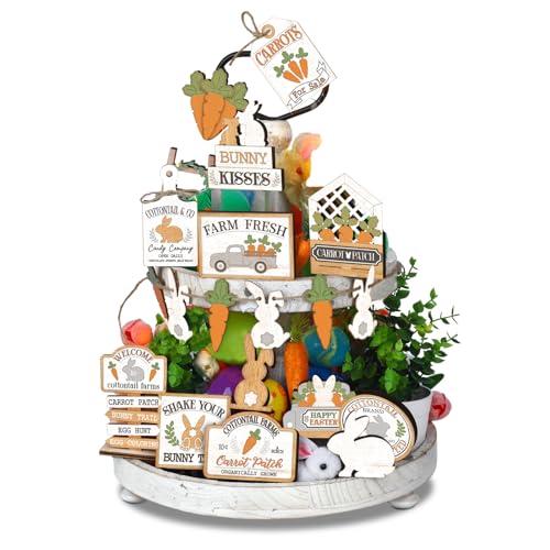 Amyhill 24 Pcs Easter Tiered Tray Decor Bunny Carrot Farmhouse Easter Decorations Spring Tiered Tray Decor Wooden Signs Mini Table Decorations for Home Kitchen Coffee Bar Shelf - style: Fresh Easter