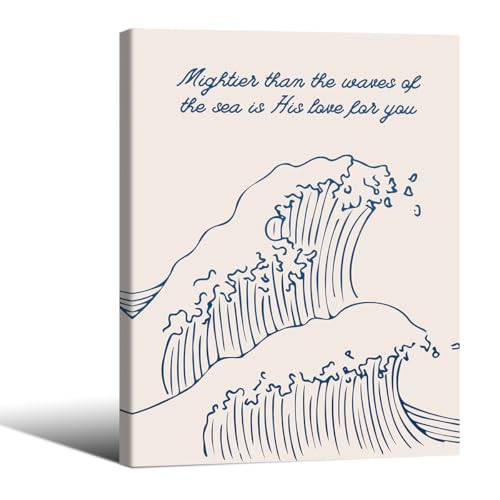Christian Bible Verses Wall Art Minimalist Psalm Posters Mightier Than The Waves Of The Sea Is His Love for You Inspirational Prints 08x10 inch Framed Blue and White Canvas Wall Decor - color: Blue, size: 10.1"L x 8.1"W