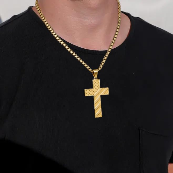 American Flag Cross Necklace for Men, Christian Confirmation Baptism Gifts - color: Gold, style: Philippians 4:13