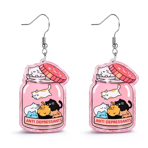 Christian Statement Earrings for Women, Acrylic Dangle Earrings, Lightweight Comfortable, Non Tarnish Hooks, Faith Jewelry, Religious Gift for Women - color: Pink Bottle Cat