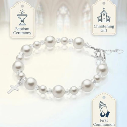 Baby Crystals Sterling Silver Cross Charm | White Pearl Baptism Bracelet - style: 2-6 Years Adjustable