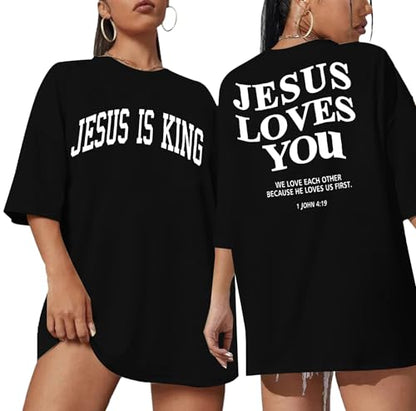 Christian Shirt Women Oversized Jesus Tshirt Jesus Love You Shirts Jesus Faith Tops Bible Verse Inspirational Tee - color: Black, size: Large