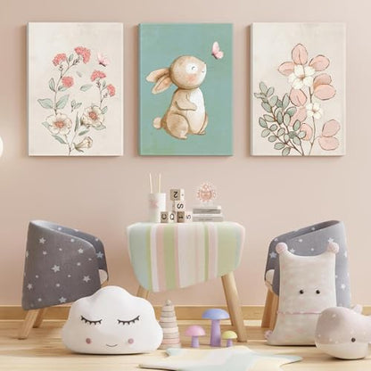 Framed Nursery Wall Art Set of 3 Pink Flower Botanical Pictures 16x24 In - color: Bunny(Canvas), size: 24"L x 16"W