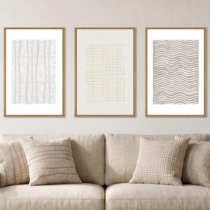 Aryroi Beige White Abstract Neutral Framed Canvas Wall Art Set- 24"x36"x3 - color: Boho Geometry Line Wall Art, size: 24"L x 36"W
