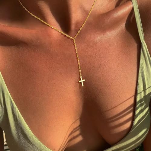 925 Sterling Silver Dainty Cross Lariat Necklace for Women - color: Gold