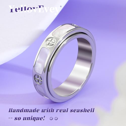 Fidget Ring for Women - Mother of Pearl Shell Cross 18K Gold Plated Love Ring Anxiety Relief Non Tarnish Stainless Steel Stackable Engagement Band - color: Silver, size: 7