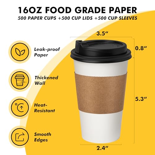 RACETOP 16 oz 50 Pack Disposable Coffee Cups with Lids & Sleeves - color: White, size: 16 fl oz