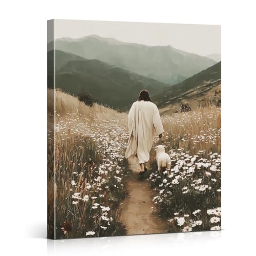 Christian Jesus and Lost Lamb Wall Art Decor - Jesus the Good Shepherd Canvas Print Picture Religious Wall Decor for Home Farmhouse Prayer Room 8x10 Inch Framed - color: color-L