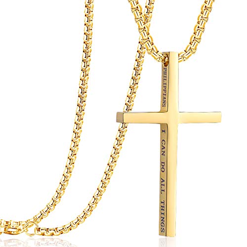 Stainless Steel Cross Pendant Necklaces for Men Women 24 Inch Chain - color: Gold