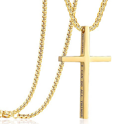 Stainless Steel Cross Pendant Necklaces for Men Women 24 Inch Chain - color: Gold