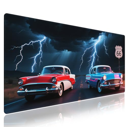 Classic Red & Blue Cars Large Mouse Pad, Lightning Scene Route 66 Desk Mat - color: 31.5"x15.8" Design 50
