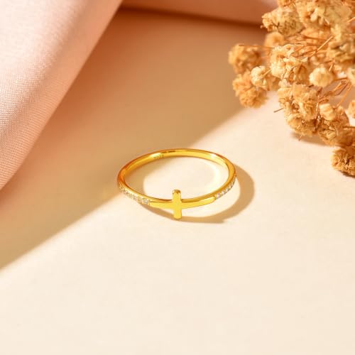 925 Sterling Silver Jesus Pray Cross Ring for Women with Cubic Zirconia - color: Gold