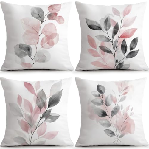 Pink Grey Leaf Pillow Covers Set of 4, 18x18 Watercolor Botanical Decor - color: Botanical Leaves 04, size: 18" x 18" (Pack of 4)