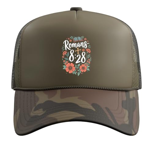 Romans 8:28 Bible Verse Flowers Cross Christian Women Trucker Hat with Adjustable Mesh Back - color: Camo Green