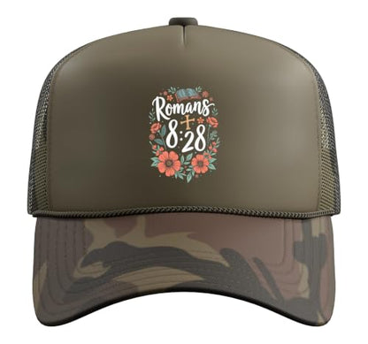 Romans 8:28 Bible Verse Flowers Cross Christian Women Trucker Hat with Adjustable Mesh Back - color: Camo Green