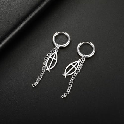 Ichthus Fish Dangle Earrings Ichthus Cross Earrings Christian Jesus Fish Earrings Religious Jewelry Christian Symbols Accessories Gift for Women - color: Ichthus Cross silver
