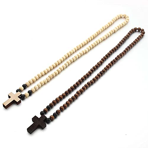 FORUBUS Wooden Cross Pendant Necklace - Wood Beads Cross Religion Necklace for Women Men Believer Prayer Baptism Jewelry - color: B light