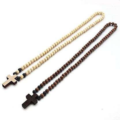FORUBUS Wooden Cross Pendant Necklace - Wood Beads Cross Religion Necklace for Women Men Believer Prayer Baptism Jewelry - color: B light