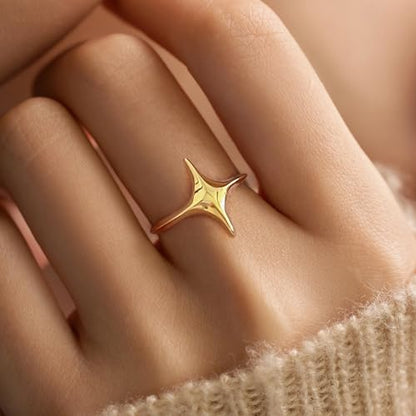 Star Rings for Women 925 Sterling Silver Cross Ring 14K Gold Plated Minimalist Trendy Pinky Ring Stackble Open Rings Friendship Rings Birthday Mothers Day Jewelry Gifts - color: Gold