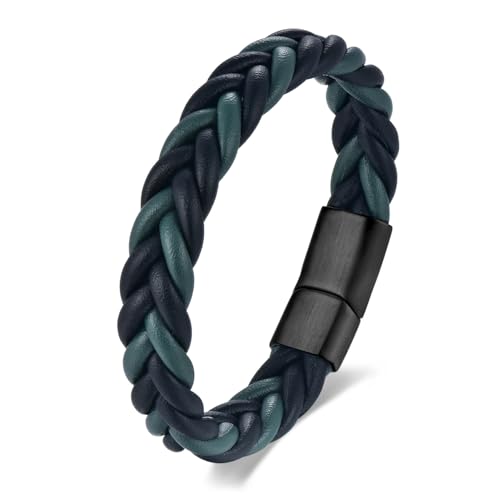 Handmade Braided Leather Bracelet, Black Stainless Steel Clasp, Mens, Cool Classic Stylish - color: Black and Green