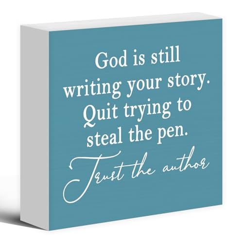 God Is Still Writing Your Story, Wood Box Sign - Christian Scripture Bible Verse Prayer Room Decor, Green Wooden Block Sign for Home Office Wall or Tabletop Shelf - color: Green, size: 5 x 5 in
