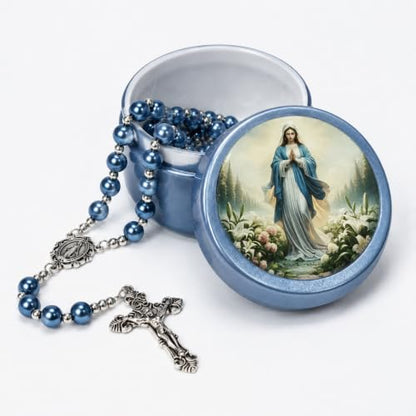 8mm Glass Pearl Rosary - Catholic Necklace for Men and Women Comes in a Metal Gift Box, First Communion Rosary Necklace as Gifts - color: Blue