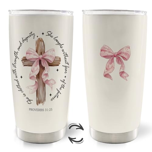 Pink Bow Christian Cross 20oz Travel Coffee Mug Tumbler, Christian Gifts for Women Men, Proverbs 31 Woman Gifts, Bible Verse Religious Stainless Steel Tumbler with Lid and Straw - color: corss