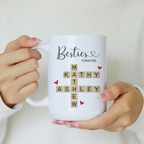 Personalized Besties Forever Mug - Custom Besties Names Crossword Puzzle Mug - Peronalized Sisters Names - Birthday Gift For Best Friend - Long Distance Besties Cup - color: SCRABBLE-M1