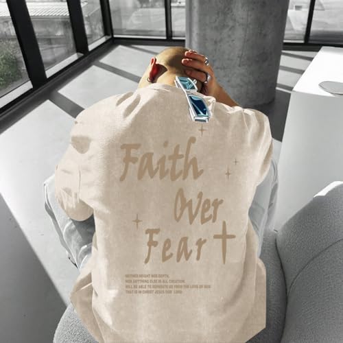 Christian Shirts for Men Faith Over Fear Acid Wash Tshirts Faith Religious Tees God Bible Verse Inspirational Tops - color: Apricot, size: Medium