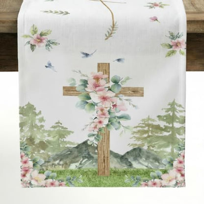 Easter Table Runner 13 x 72 Inch, Rustic Wood Cross with Spring Floral Design, He is Risen Religious Table Decor, Modern Farmhouse Kitchen Dining Runner for Easter Sunday & Family Party - style: Rustic Floral Cross