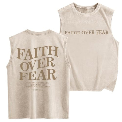 Mens Christian Sleeveless Shirts Faith Over Fear Graphic Tank Tops Gym Workout Acid Wash Tanks Cut Off Muscle Shirt - color: Apricot, size: XX-Large