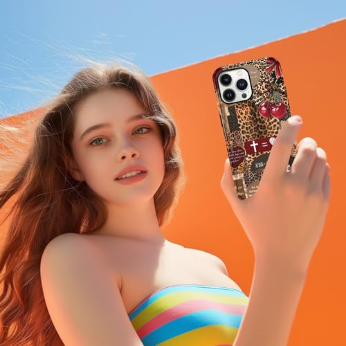 for iPhone 13 Pro 6.1'' Brown Cheetah Christian Phone Case - color: Red Cherry Leopard Collage, size: iPhone 13 Pro