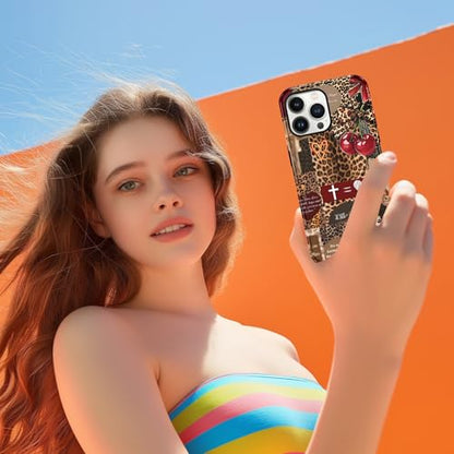 for iPhone 13 Pro 6.1'' Brown Cheetah Christian Phone Case - color: Red Cherry Leopard Collage, size: iPhone 13 Pro