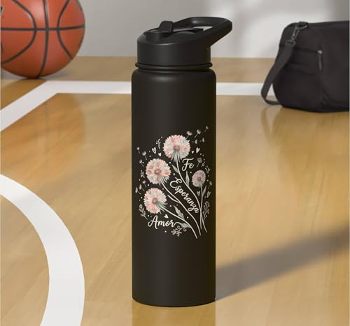 Fe Esperanza Amor Floral Christian Spanish Faith Cristianos Stainless Steel Insulated Water Bottle - color: Black