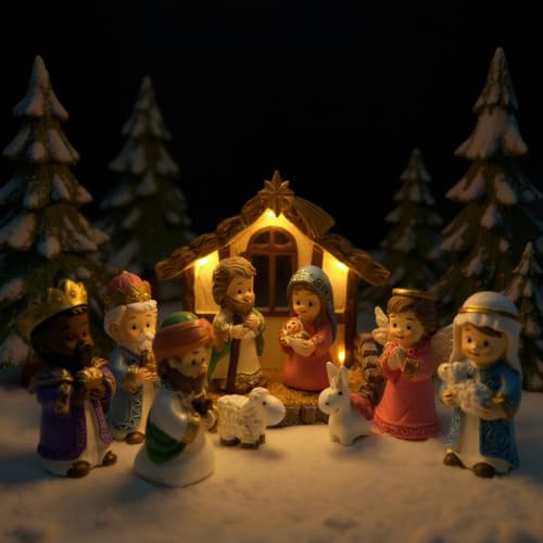 Nativity Set with LED Lights - 12Pcs Nativity Story Set with Little Figures