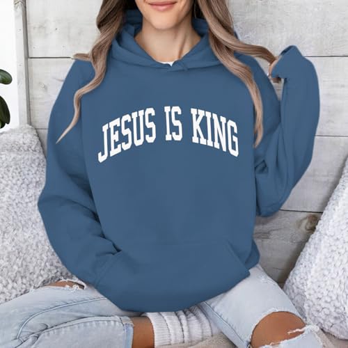 Sulayesh Christian Jesus Loves You Hoodies Women Religious Faith God Jesus Is King Sweatshirts Bible Verse Inspirational Tops - color: Deep Blue, size: XX-Large
